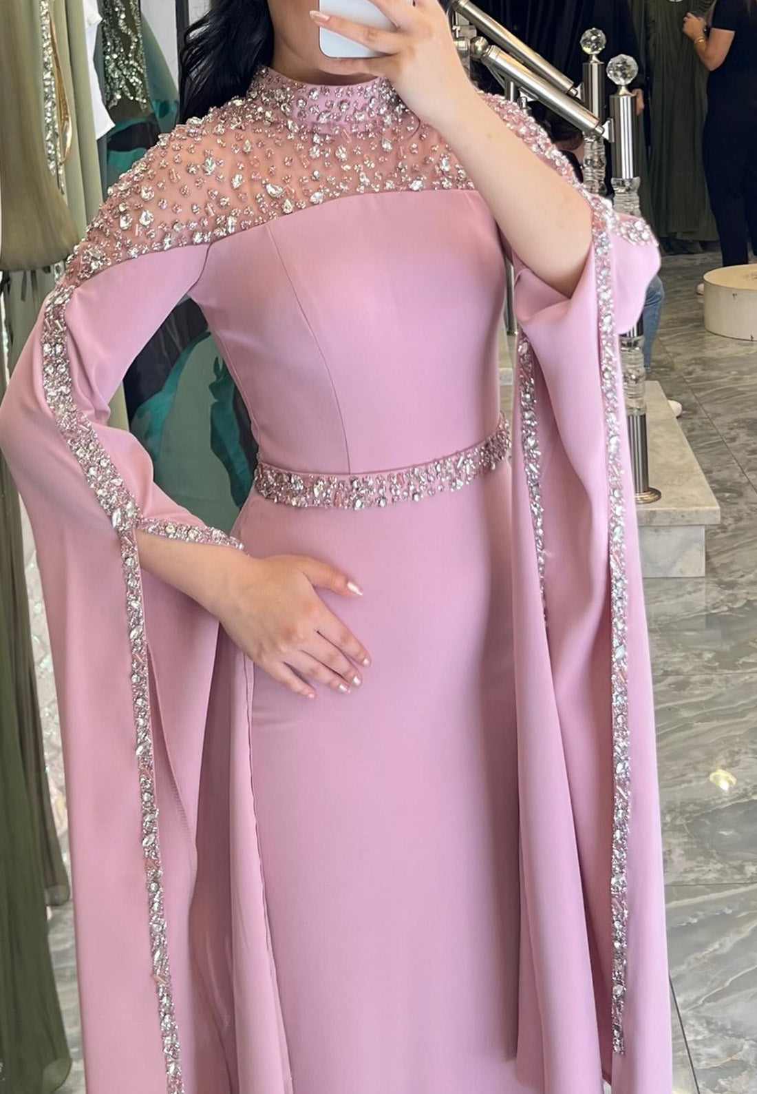High Neck Long Sleeves Beaded Sleek Evening Dress Sheath Mother of Bride Dress