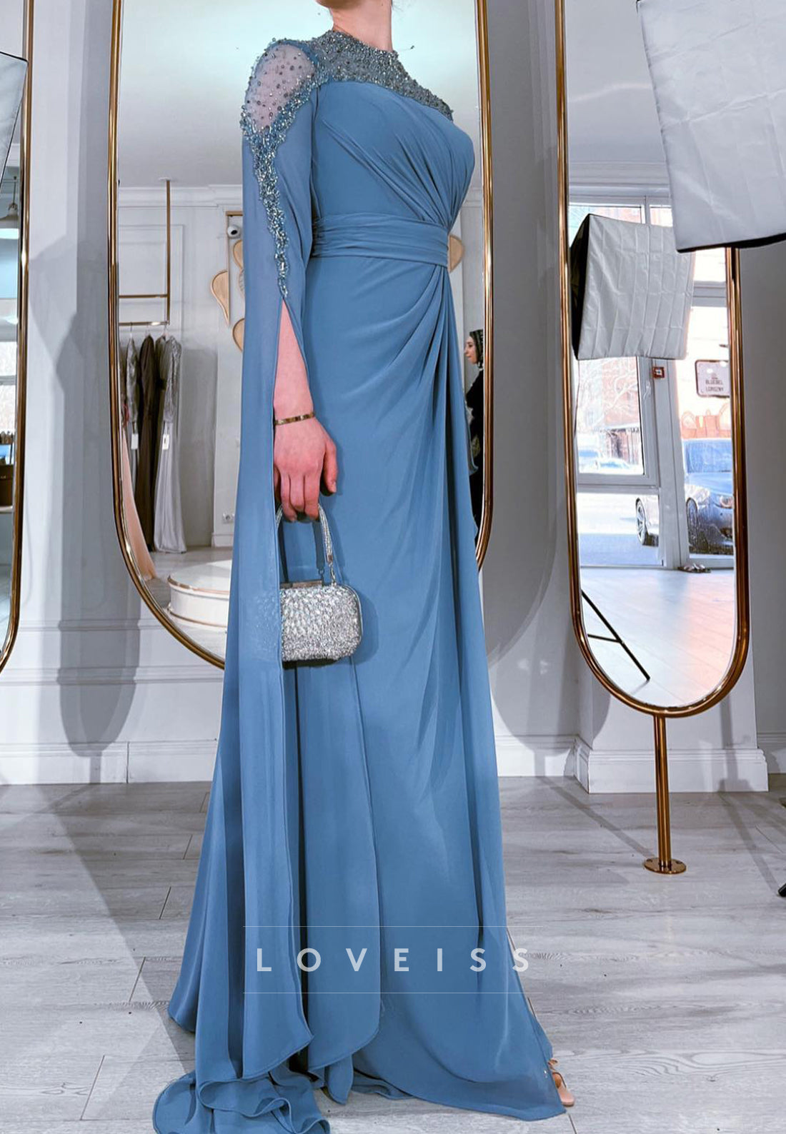 Half High Neck Long Sleeves Beaded Ruched Sheath Mother of Bride Dress