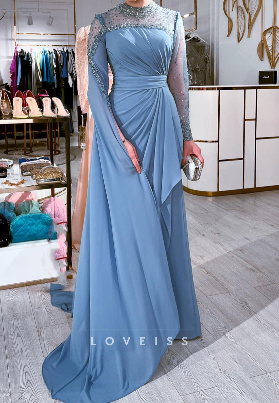 Half High Neck Long Sleeves Beaded Ruched Sheath Mother of Bride Dress