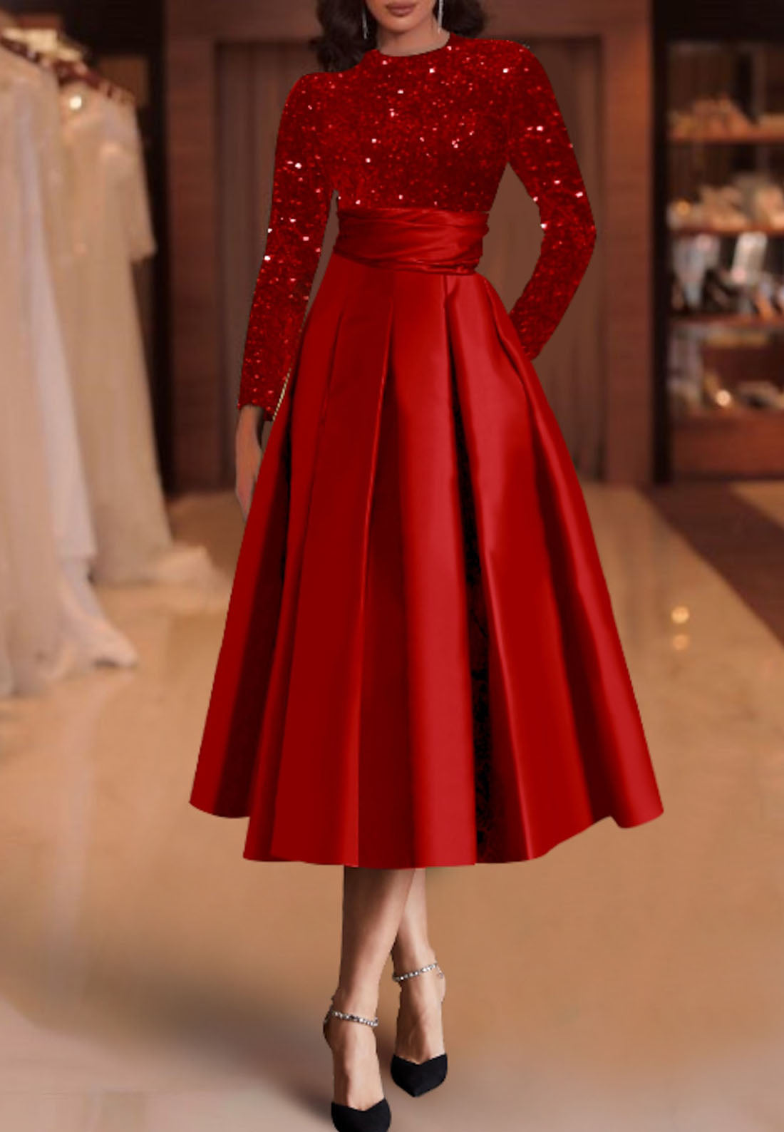 A Line High Neckline Sequins Long Sleeves Mother of the Bride Dress with Pockets