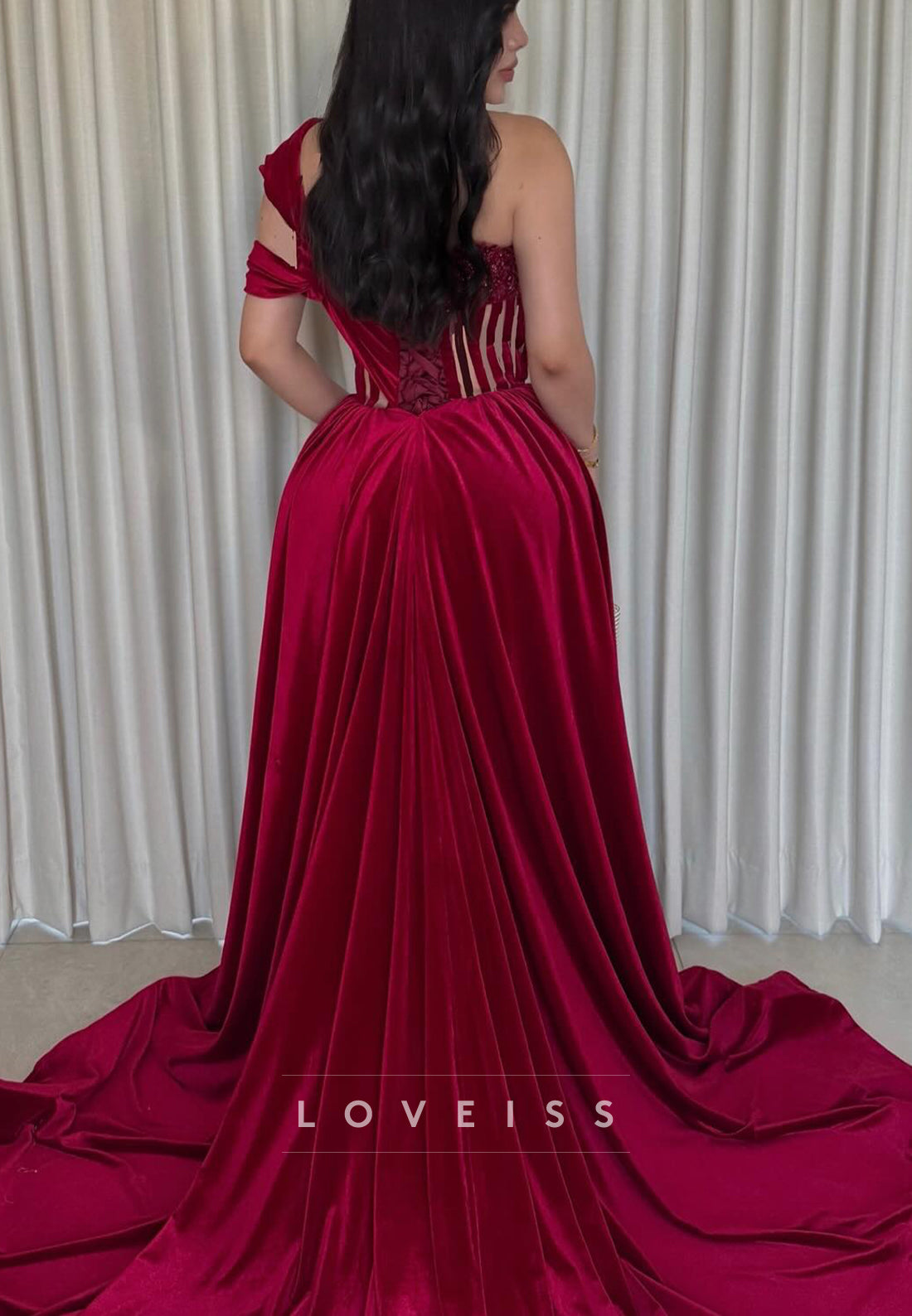 One Shoulder Strapless Pleated Ruched Side Slit Sheath Prom Dress