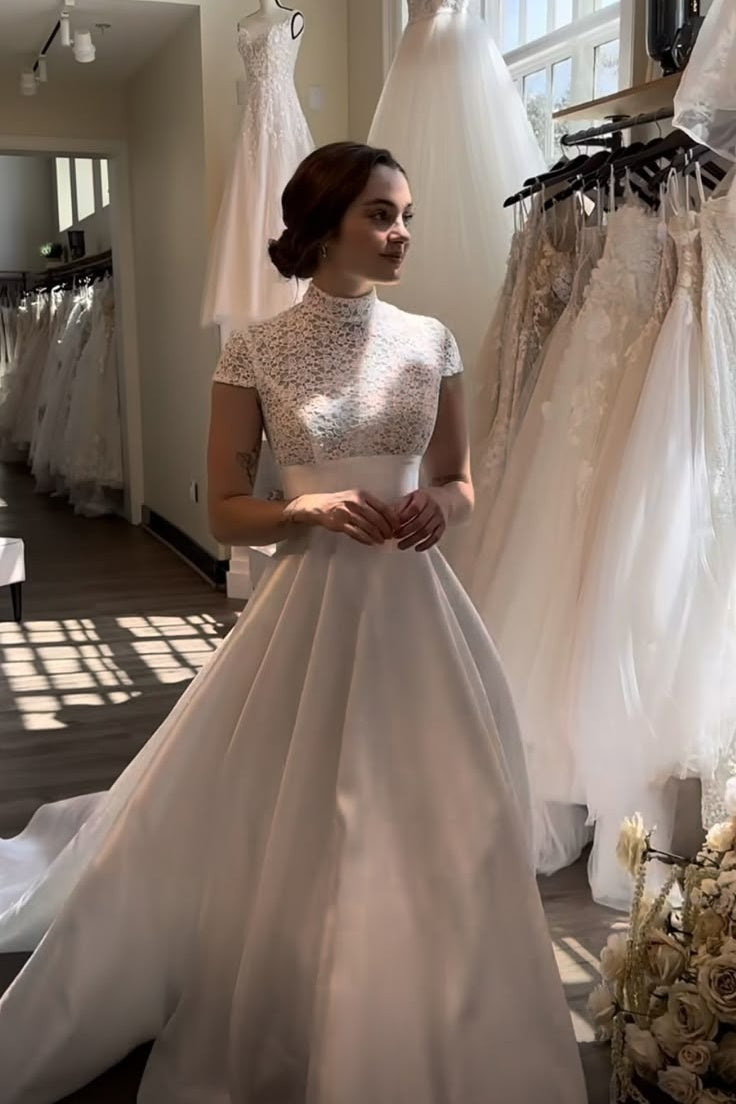 High Neck Cap Sleeves Lace Satin A-Line Wedding Dress