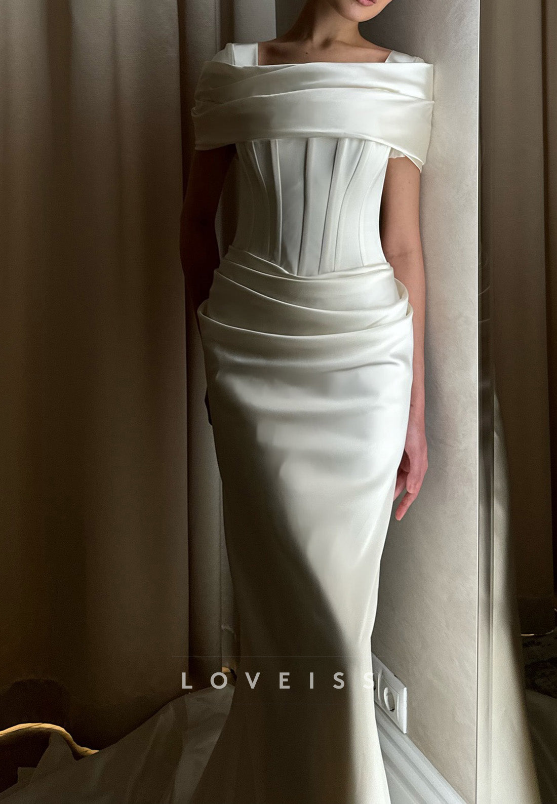 Square Short Sleeves Pleated Sleek Satin Sheath Wedding Dress