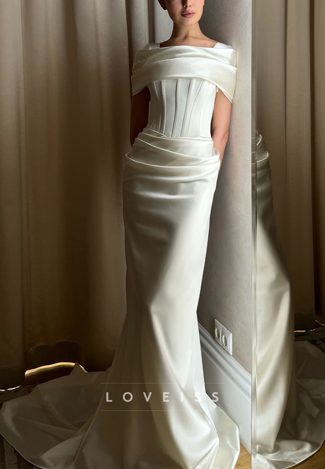 Square Short Sleeves Pleated Sleek Satin Sheath Wedding Dress