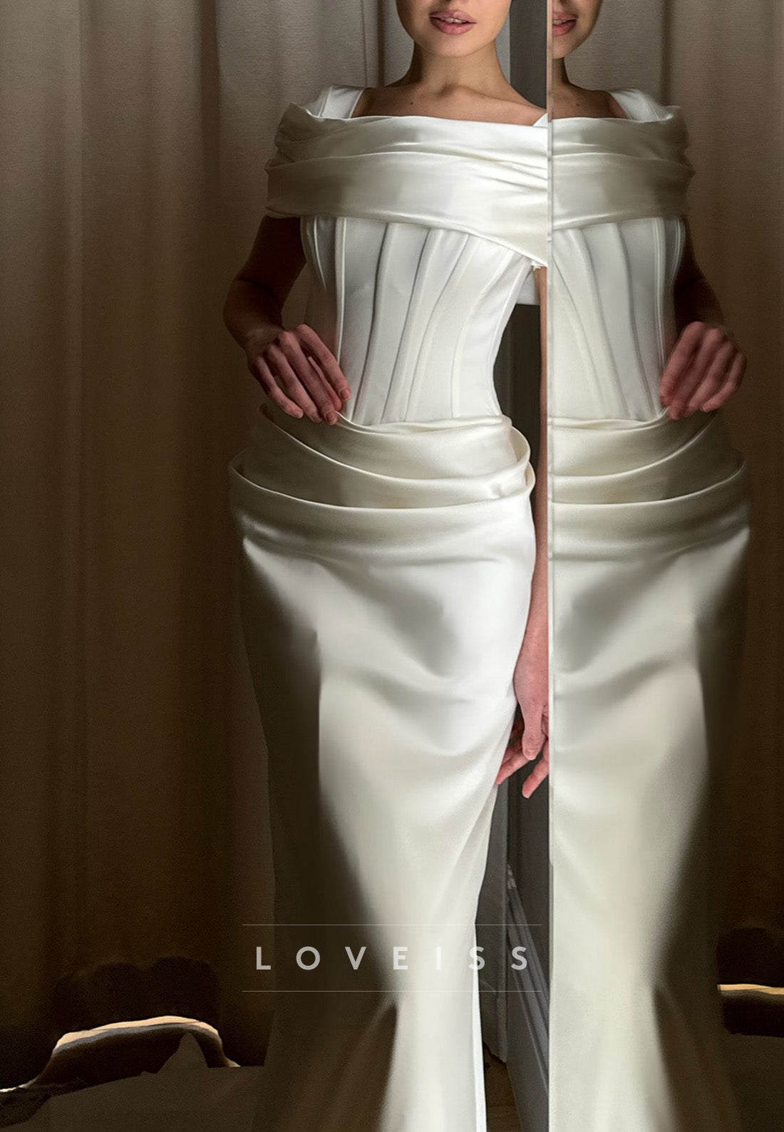 Square Short Sleeves Pleated Sleek Satin Sheath Wedding Dress
