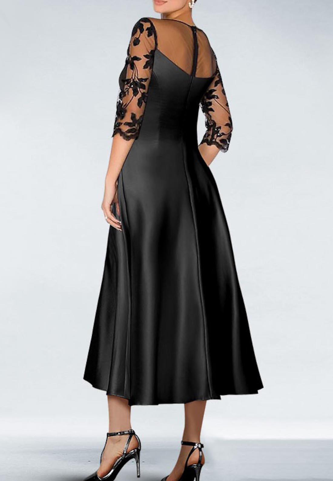 A-Line Round Quarter Sleeves Lace Appliques Sleek Satin Mother of the Bride Dress
