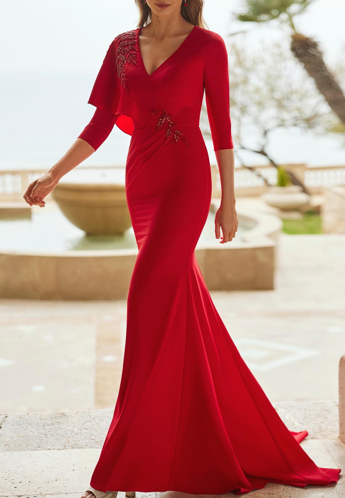 V-Neck Half Sleeves Appliques Mermaid Mother of Bride Dress
