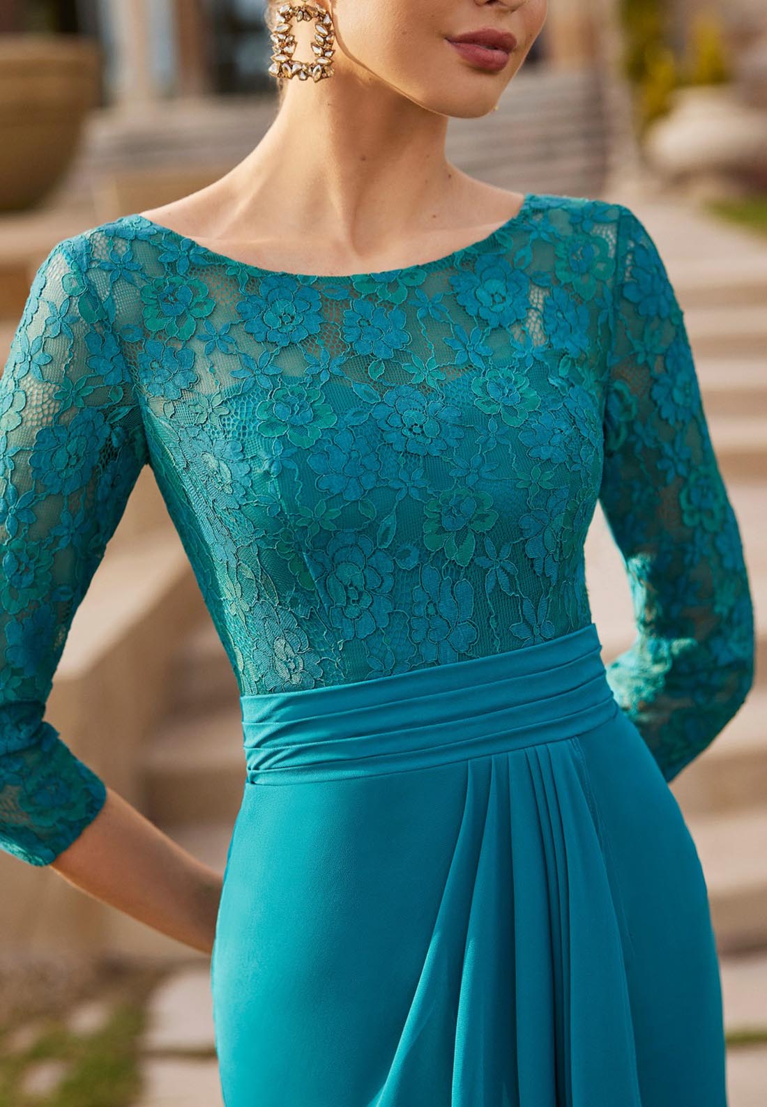 Scoop Long Sleeves Appliques Ruffled Sheath Mother of Bride Dress