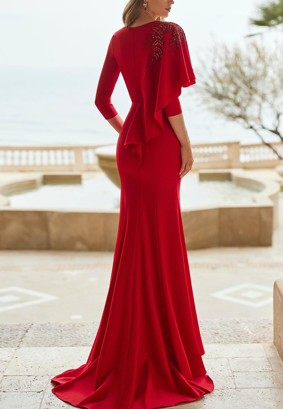 V-Neck Half Sleeves Appliques Mermaid Mother of Bride Dress