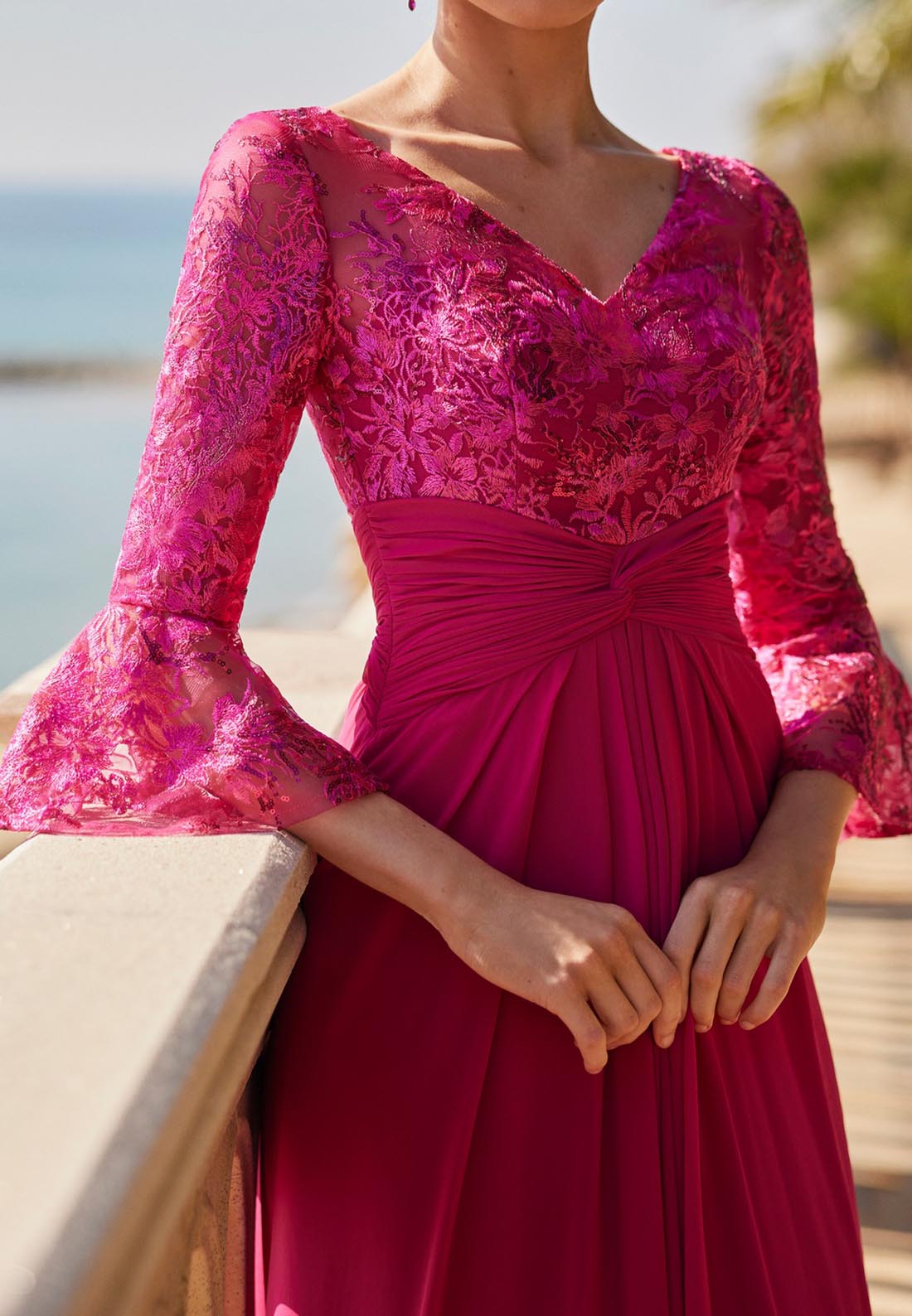 V-Neck Long Sleeves Floral Appliques Pleated Chiffon A-Line Mother of Bride Dress