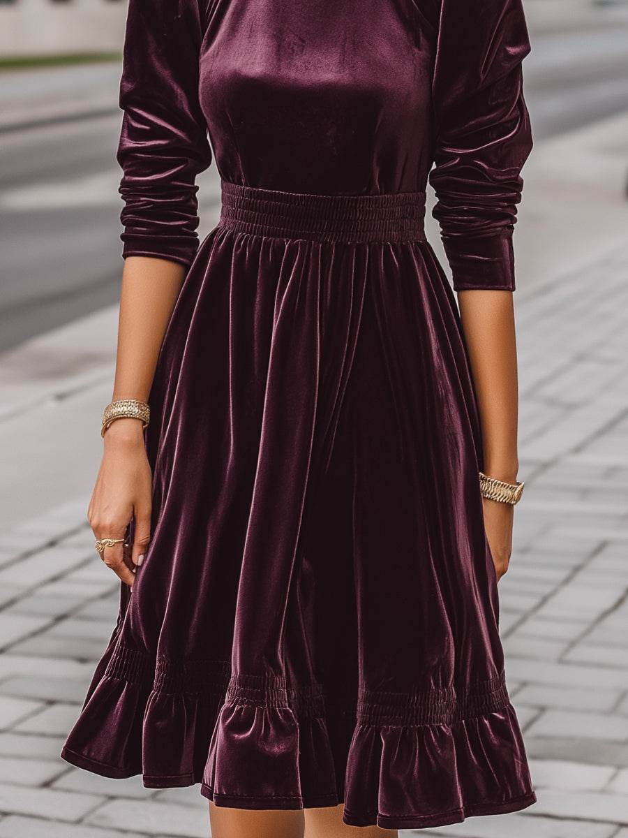 Velvet Pleated Dress With Smocked Waist