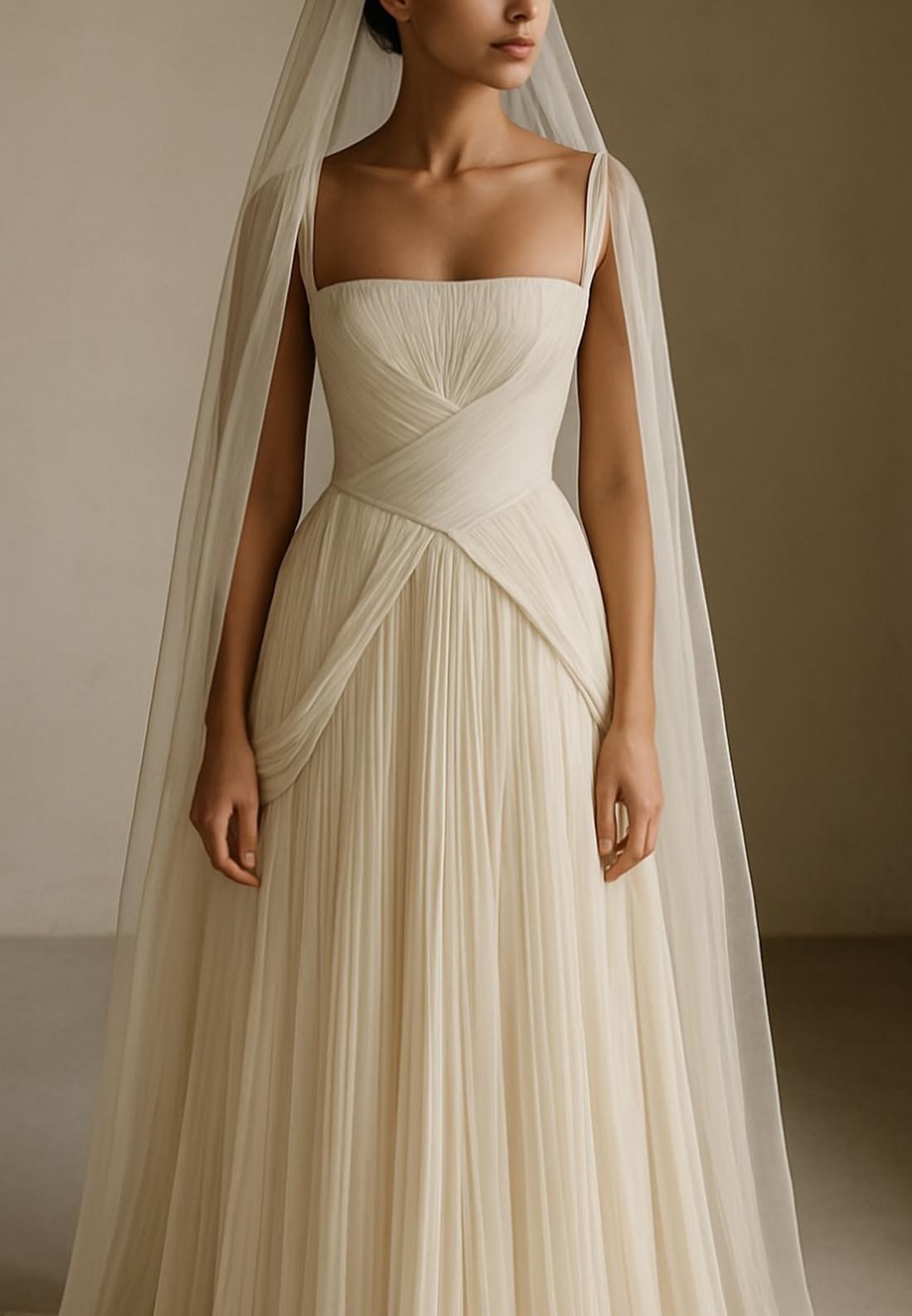 Square Straps Pleated A-Line Beach Wedding Dress