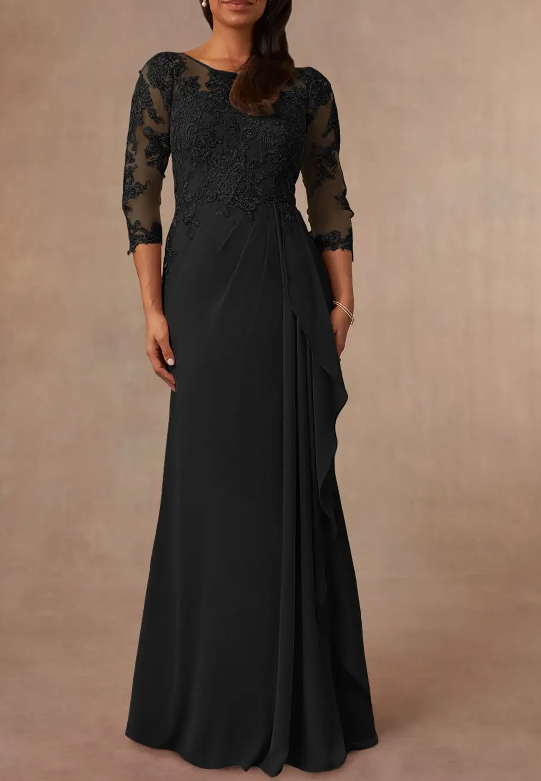 Scoop Appliques Half Sleeves Chiffon Sheath Mother of Bride Dress