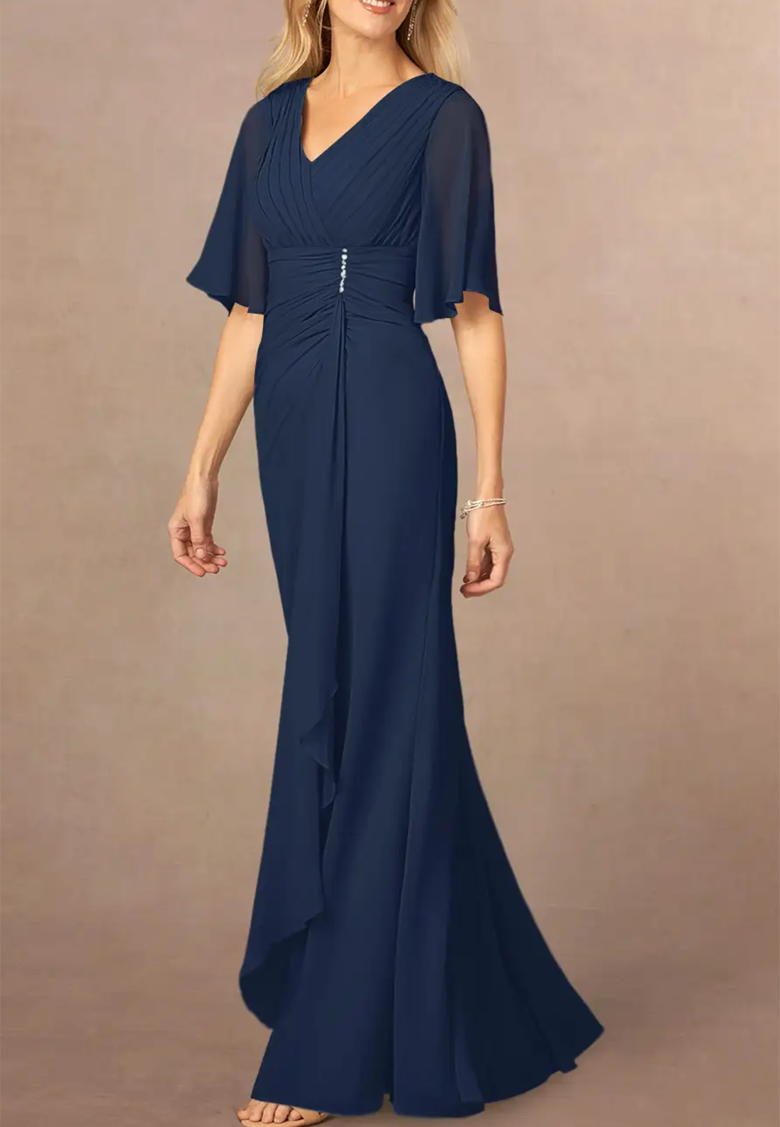 V-Neck Short Sleeves Chiffon Sheath Long Mother of Bride Dress