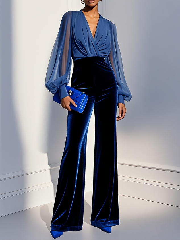 Women Royal Blue Mesh V Neck Long Sleeve Velvet Jumpsuit
