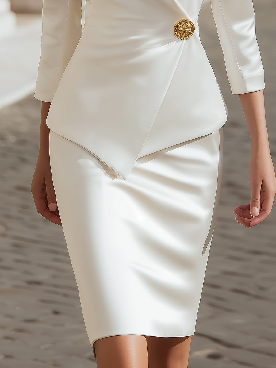 Satin Asymmetric Blazer & Pencil Skirt Two-Piece Set