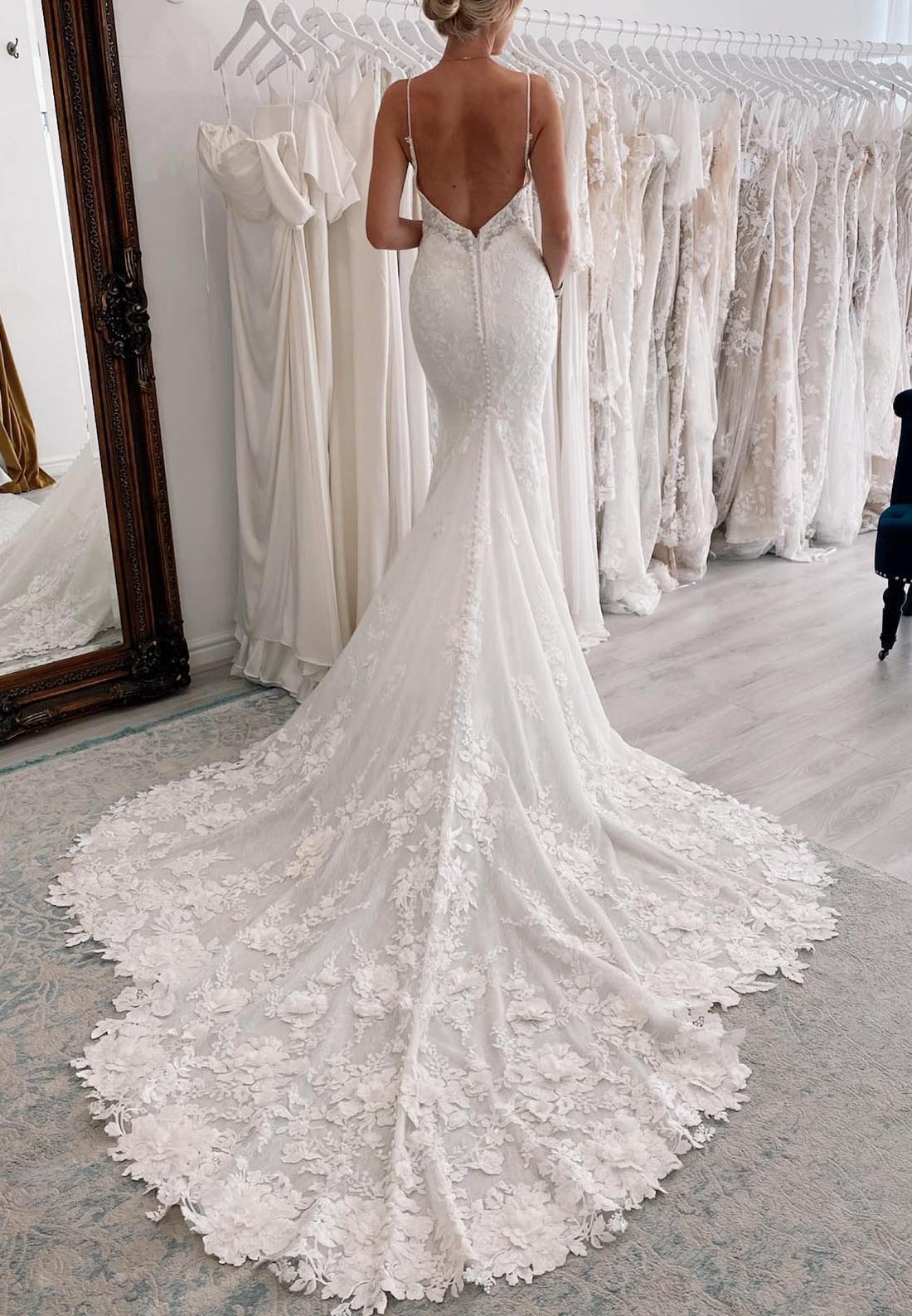 deep v neck lace mermaid wedding dresses