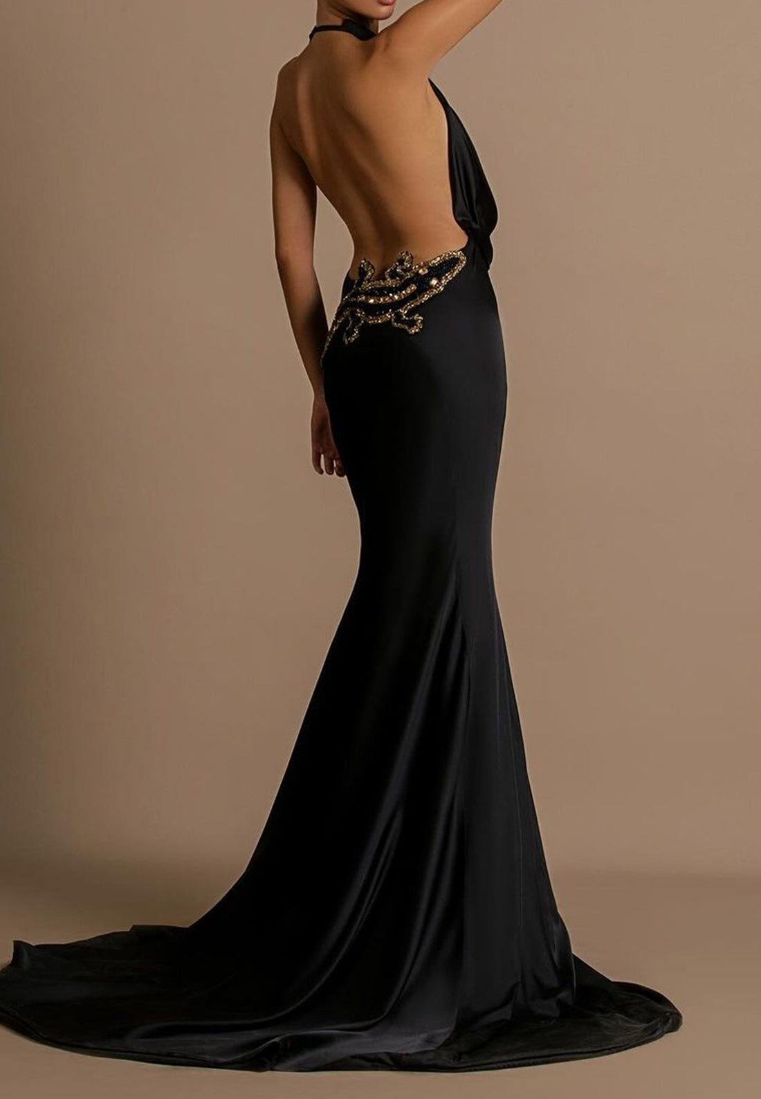 Low V-Neck Sleeveless Beaded Backless Mermaid Formal Dress