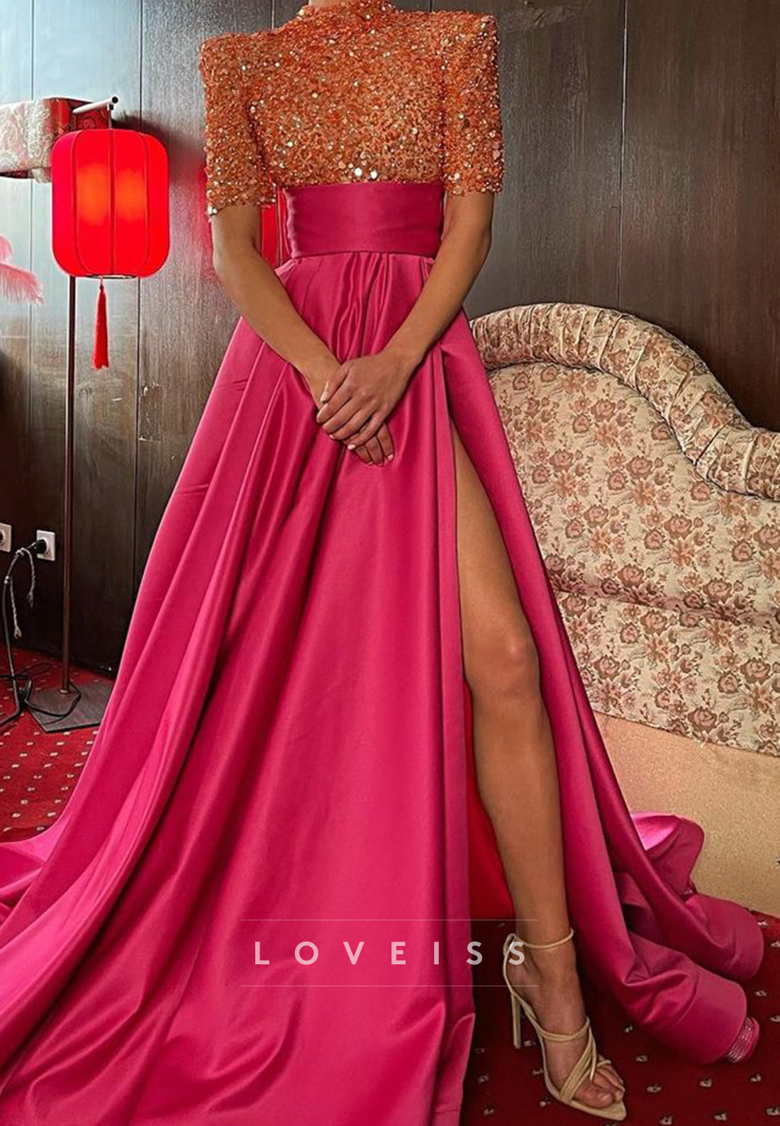 High Neck Short Sleeves Sequins Sparkly Pleated A-Line Prom Dress