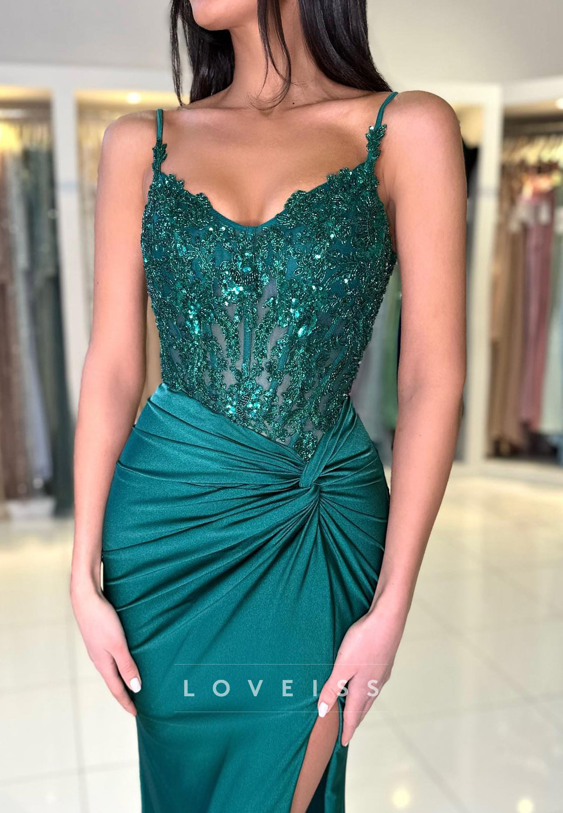 V-Neck Spaghetti Straps Appliques Sequins Ruched Mermaid Prom Dress