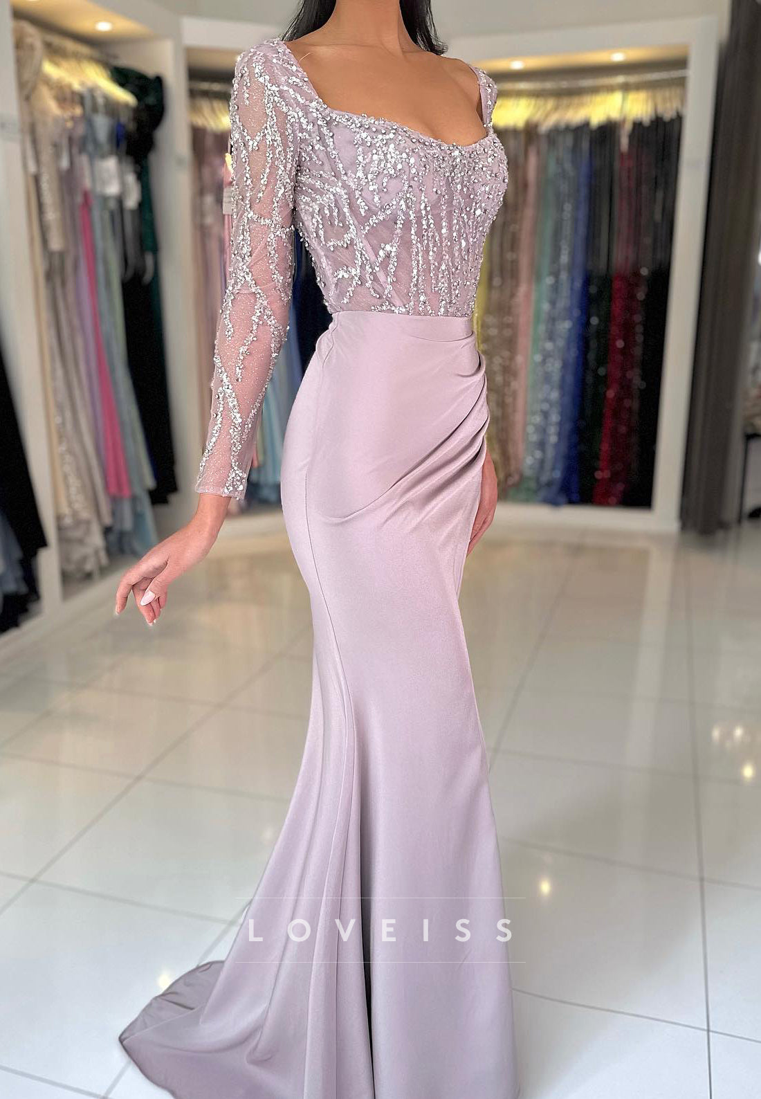 Scoop Long Sleeves Beaded Sequins Pleated Mermaid Prom Dress