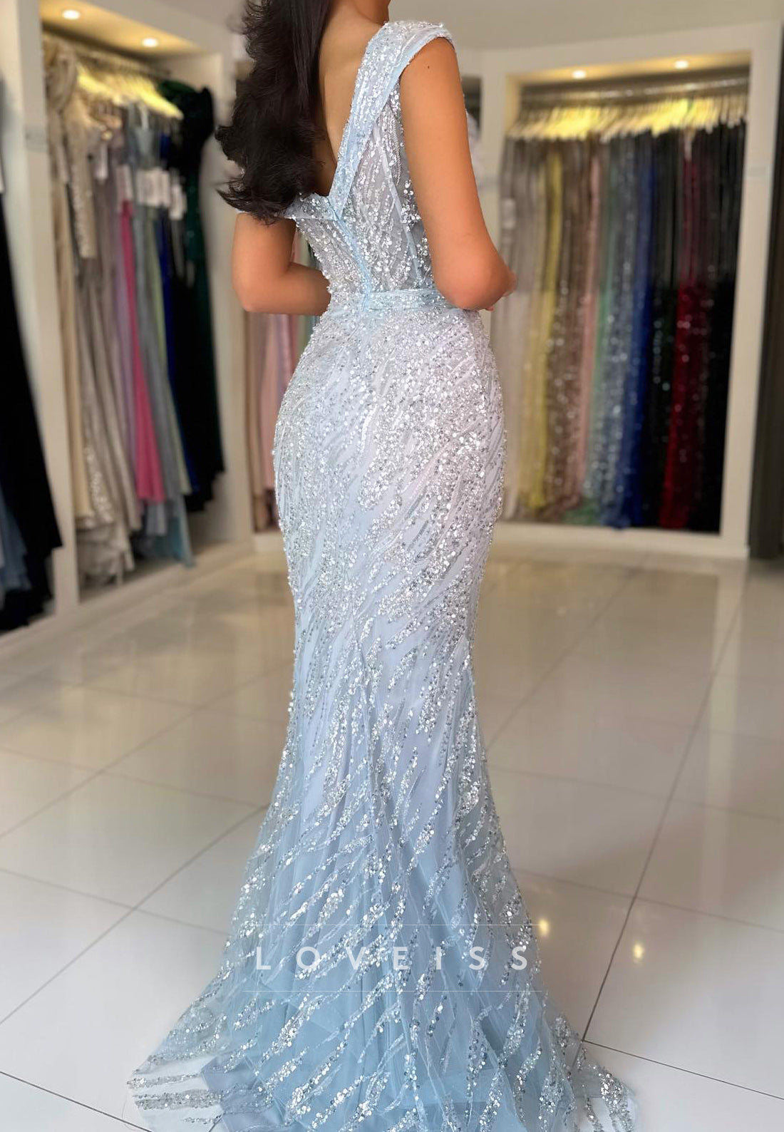 Off-Shoulder Sleeveless Side Slit Sequins Sparkly Mermaid Prom Dress