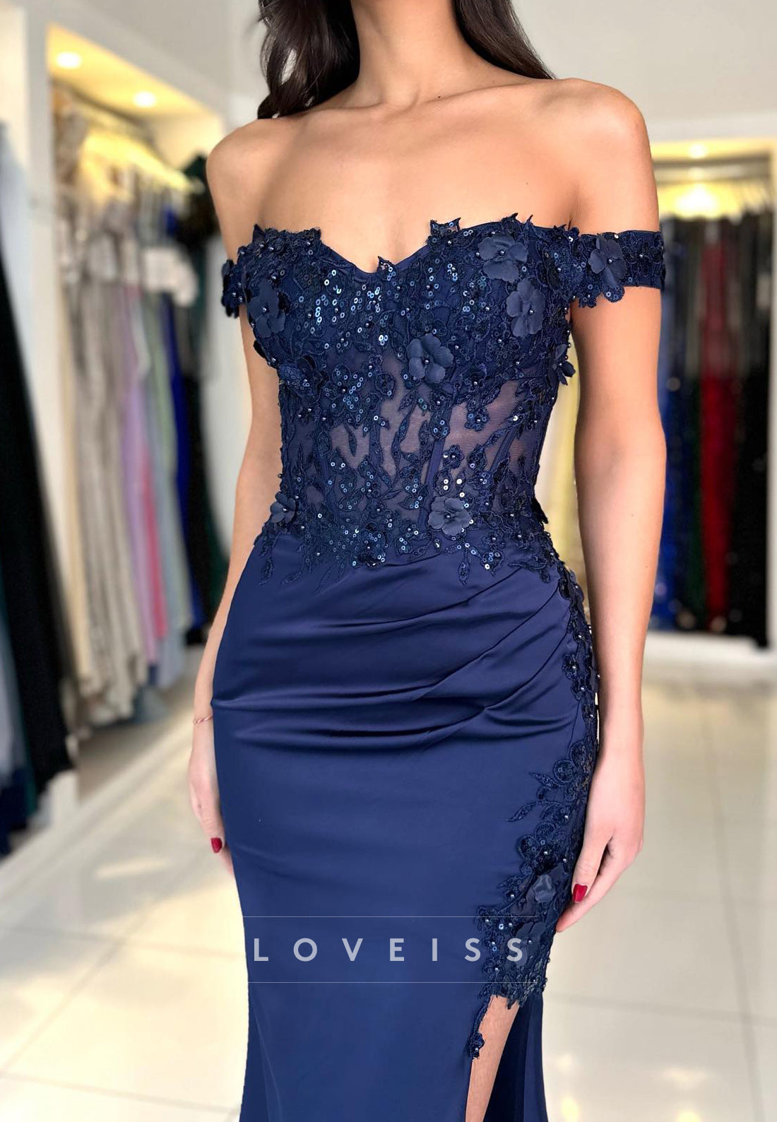 Off-Shoulder Lace Appliques Side Slit Mermaid Prom Dress