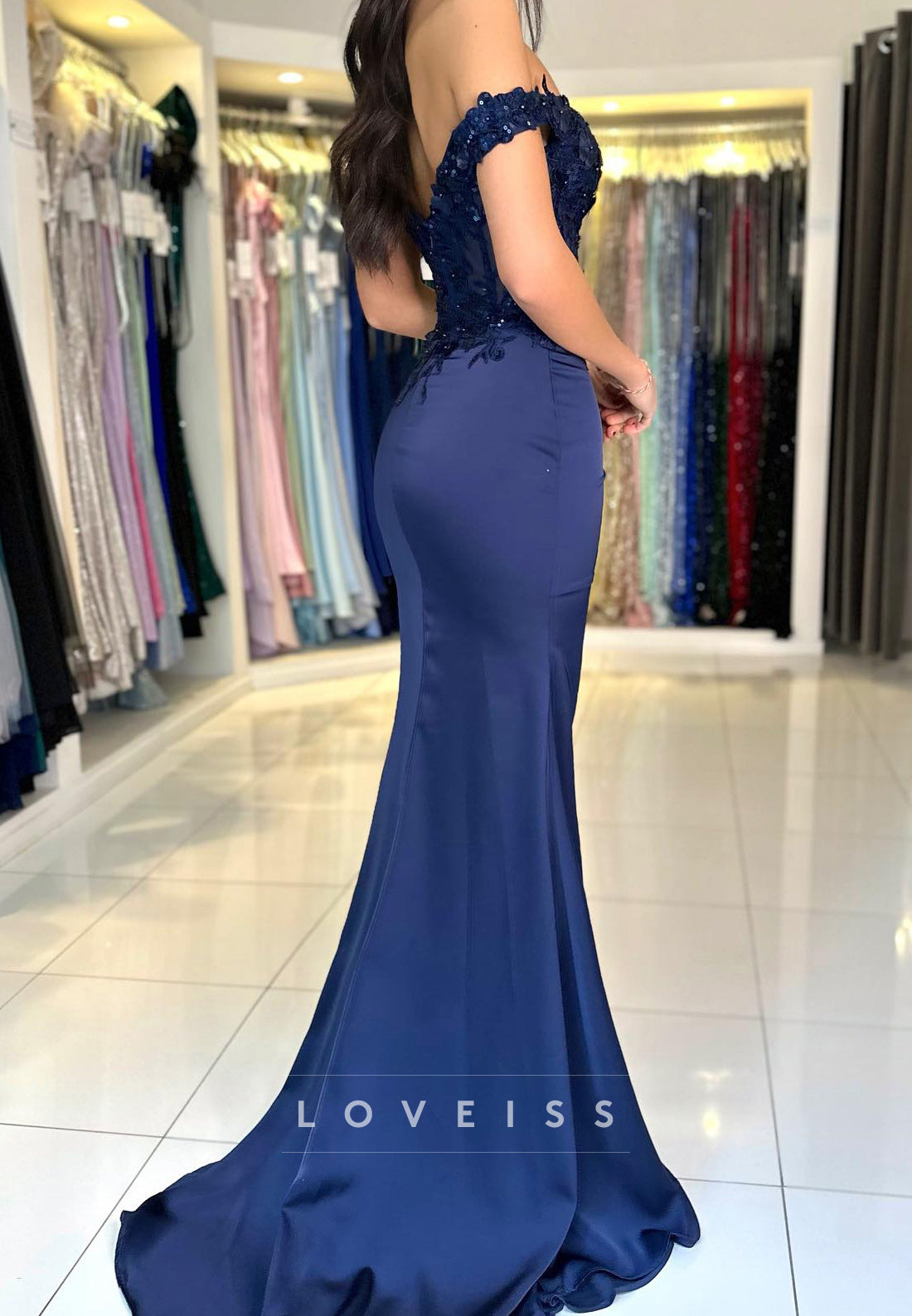 Off-Shoulder Lace Appliques Side Slit Mermaid Prom Dress