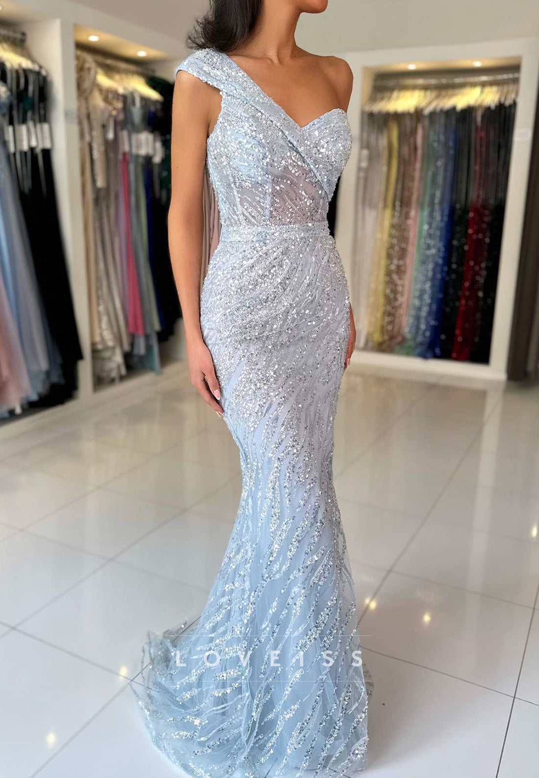 Off-Shoulder Sleeveless Side Slit Sequins Sparkly Mermaid Prom Dress