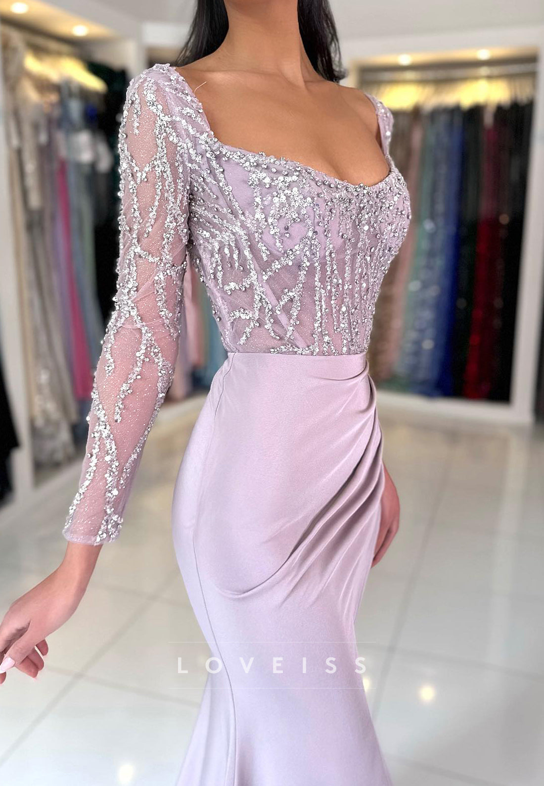 Scoop Long Sleeves Beaded Sequins Pleated Mermaid Prom Dress