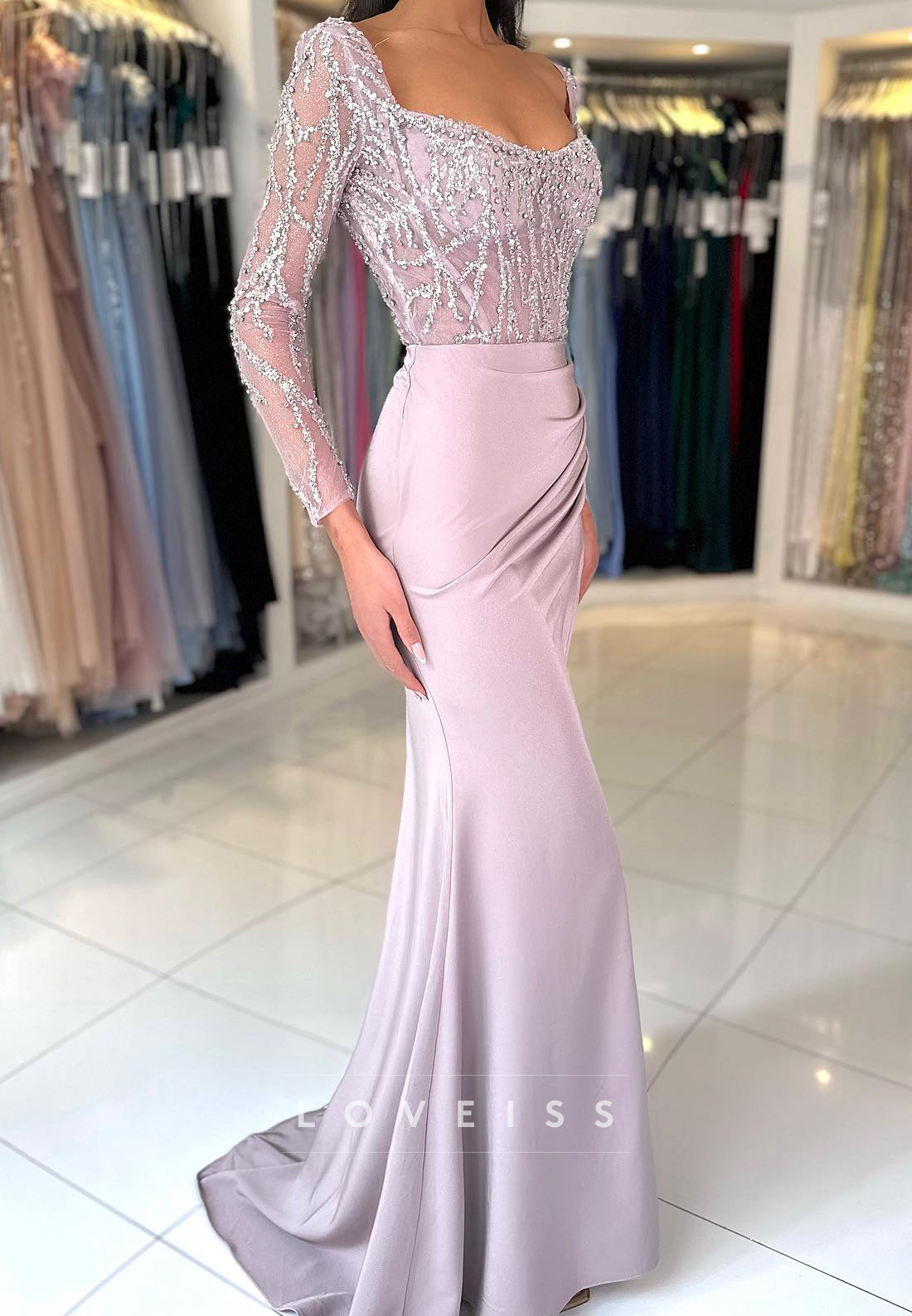 Scoop Long Sleeves Beaded Sequins Pleated Mermaid Prom Dress
