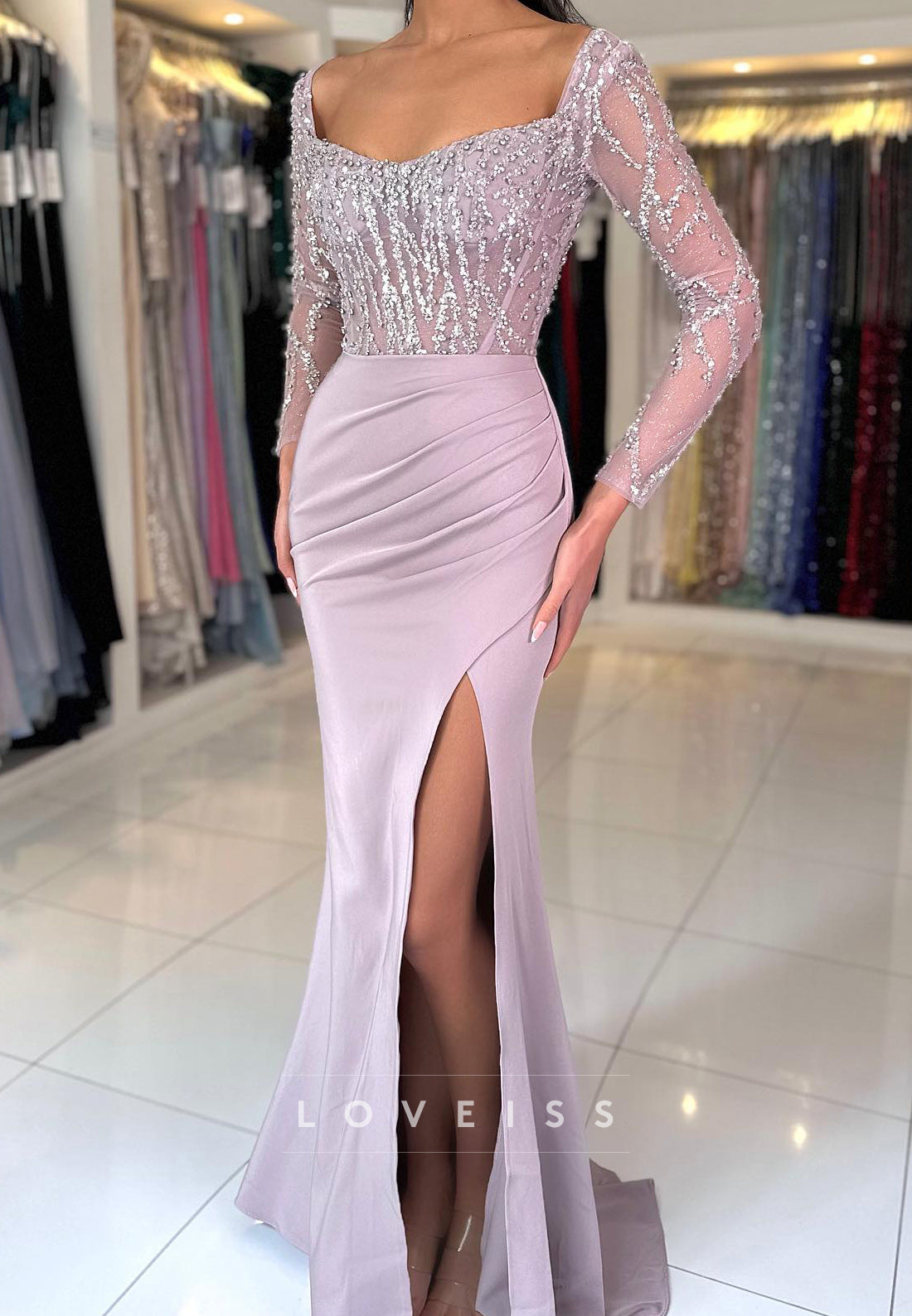 Scoop Long Sleeves Beaded Sequins Pleated Mermaid Prom Dress