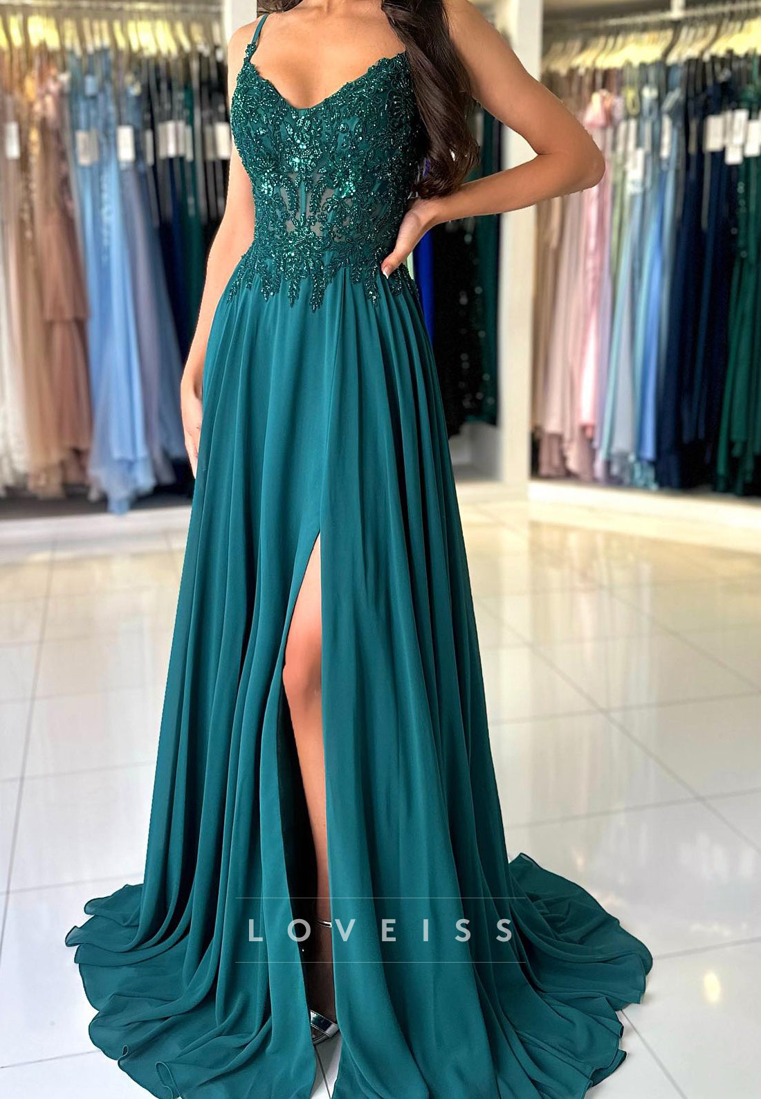 V-Neck Spaghetti Straps Appliques Beaded Pleated A-Line Prom Dress