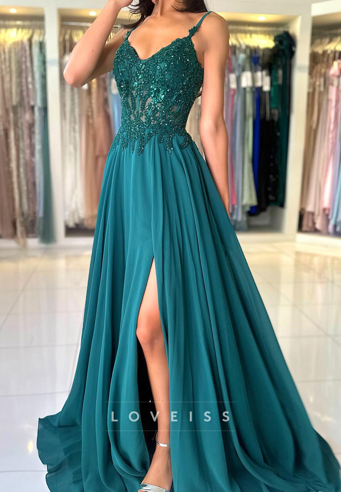 V-Neck Spaghetti Straps Appliques Beaded Pleated A-Line Prom Dress