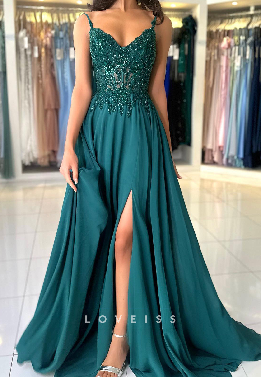 V-Neck Spaghetti Straps Appliques Beaded Pleated A-Line Prom Dress