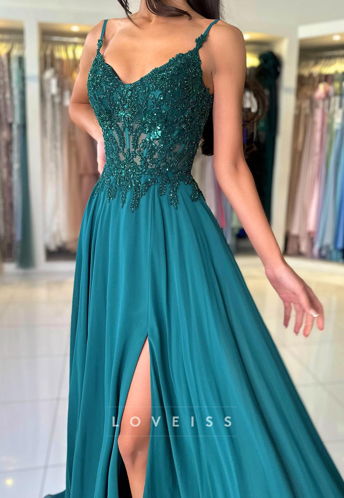 V-Neck Spaghetti Straps Appliques Beaded Pleated A-Line Prom Dress