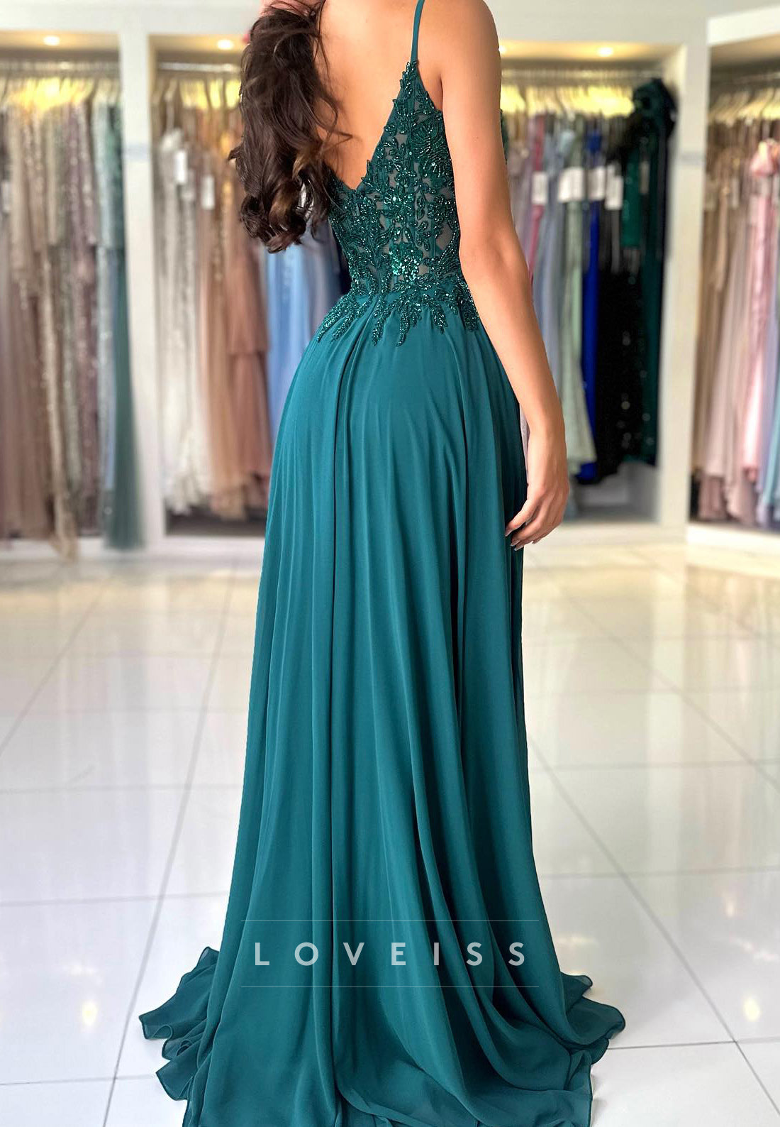 V-Neck Spaghetti Straps Appliques Beaded Pleated A-Line Prom Dress