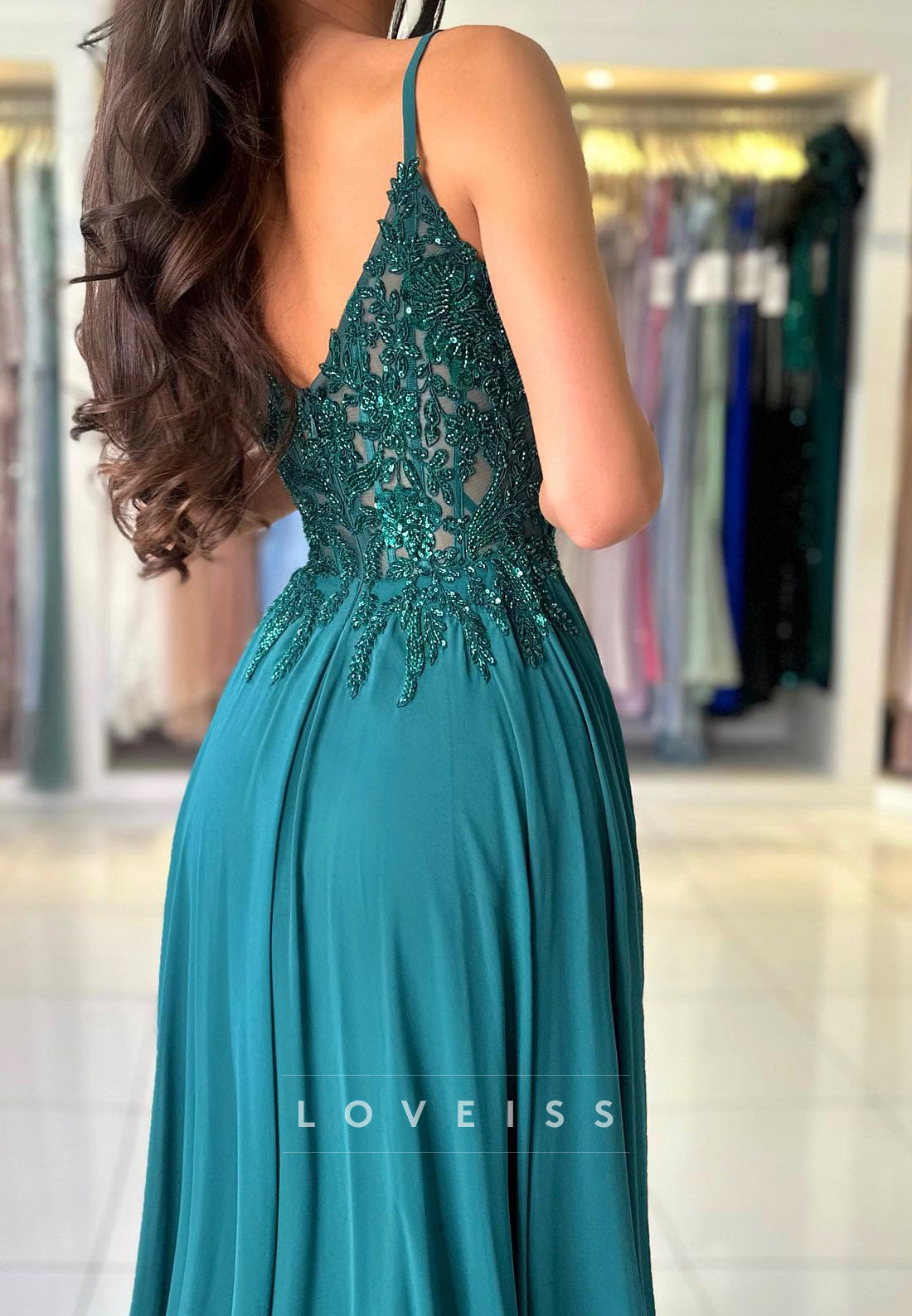 V-Neck Spaghetti Straps Appliques Beaded Pleated A-Line Prom Dress