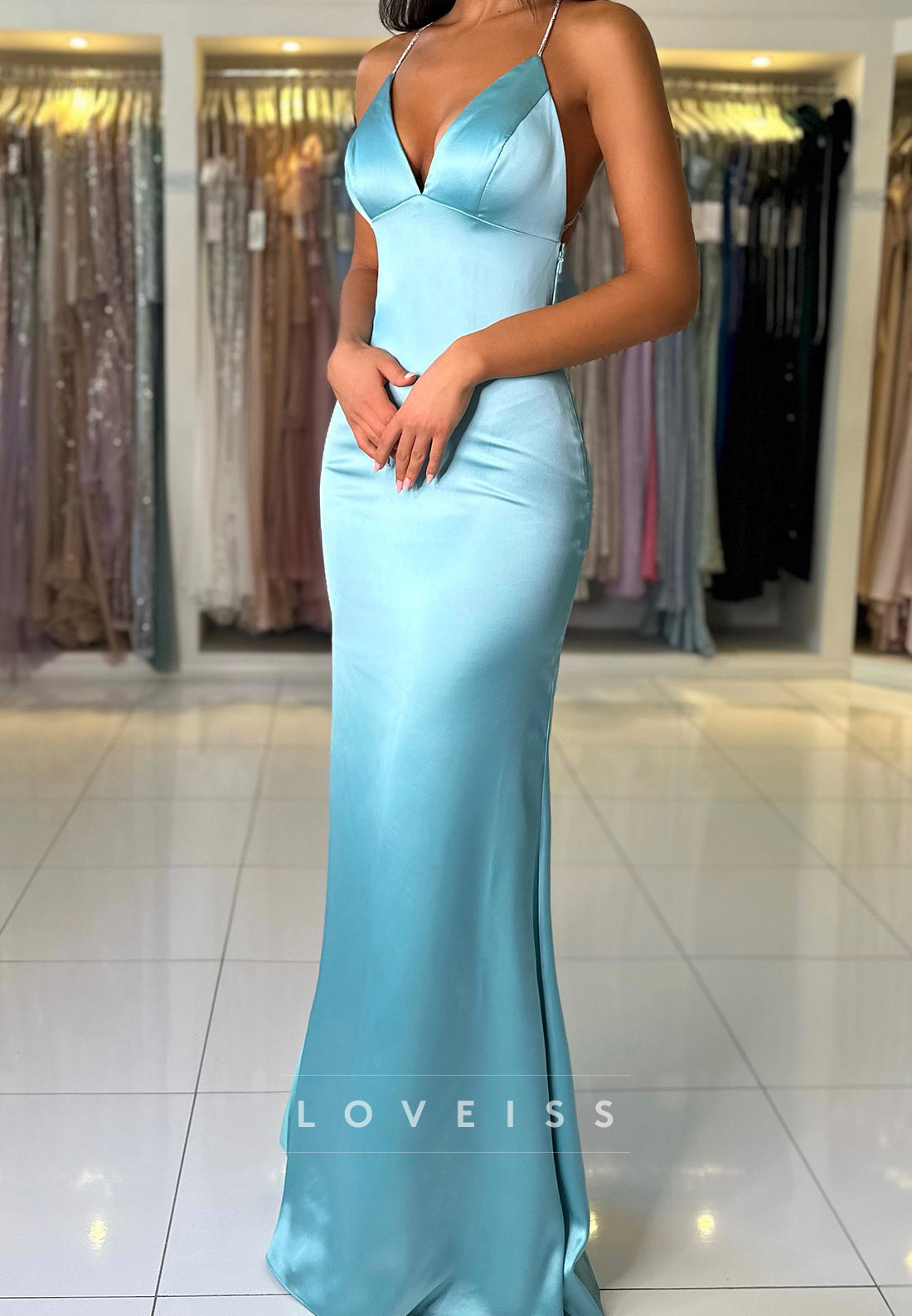 V-Neck Spaghetti Straps Open Back Sleek Mermaid Evening Dress