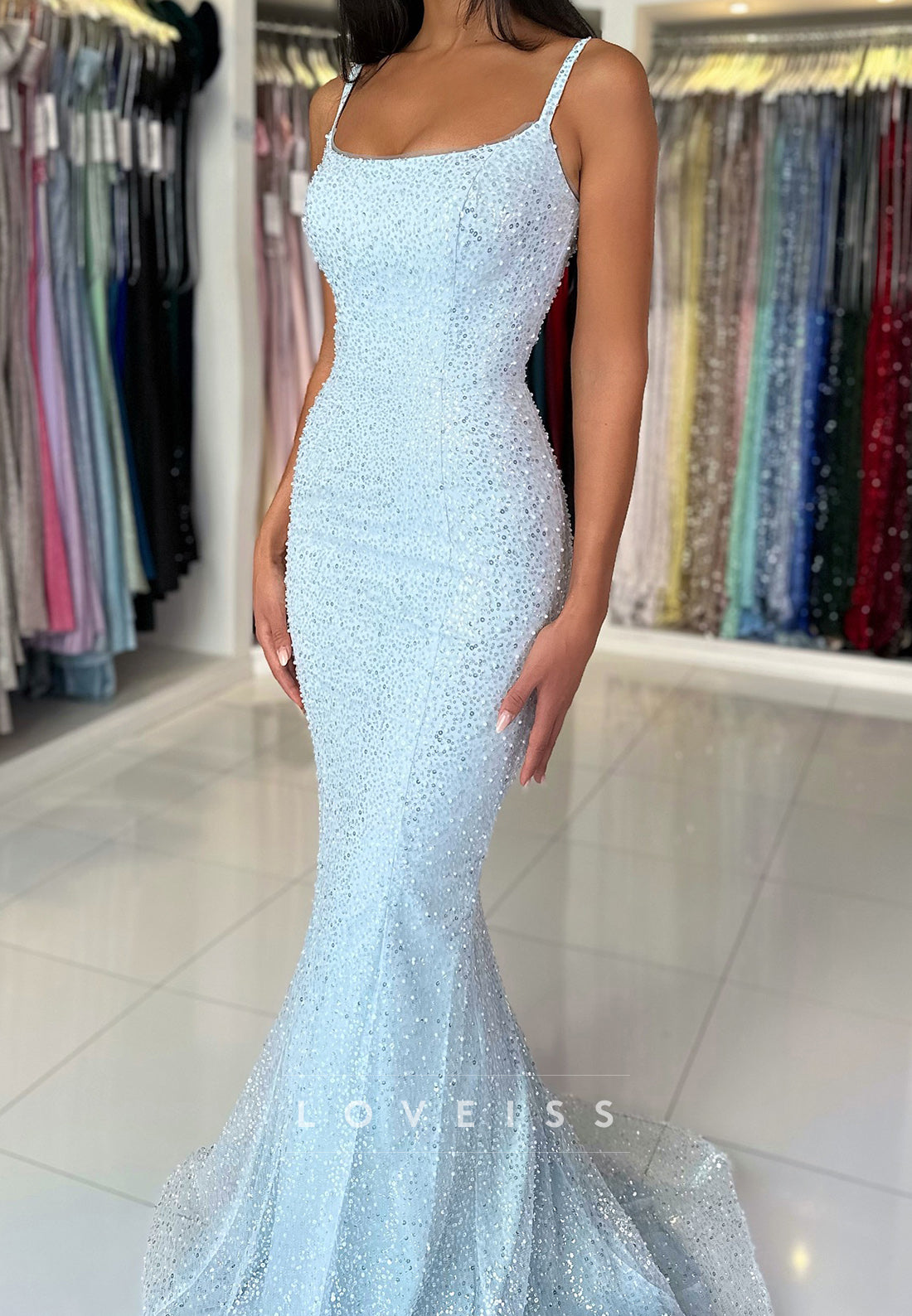 Scoop Spaghetti Straps Beaded Embroidery Sparkly Mermaid Prom Dress