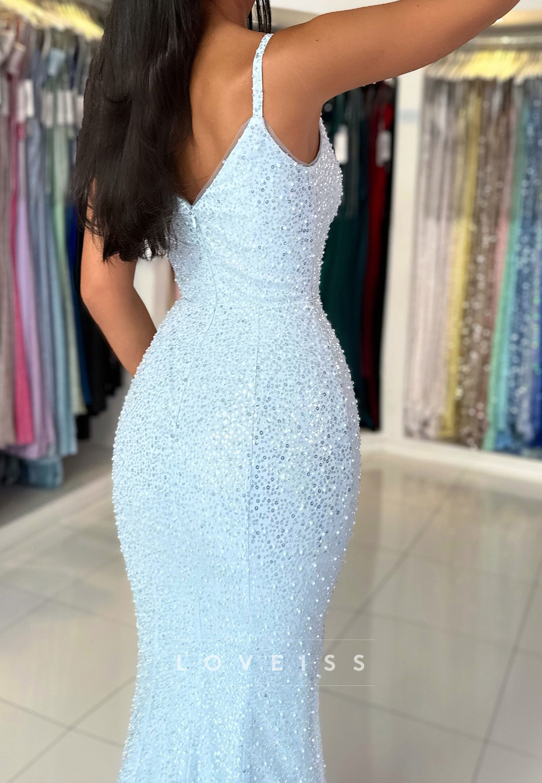Scoop Spaghetti Straps Beaded Embroidery Sparkly Mermaid Prom Dress