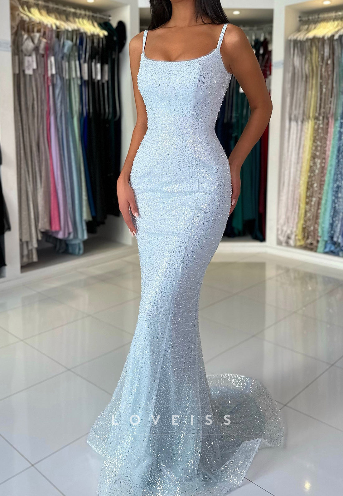 Scoop Spaghetti Straps Beaded Embroidery Sparkly Mermaid Prom Dress
