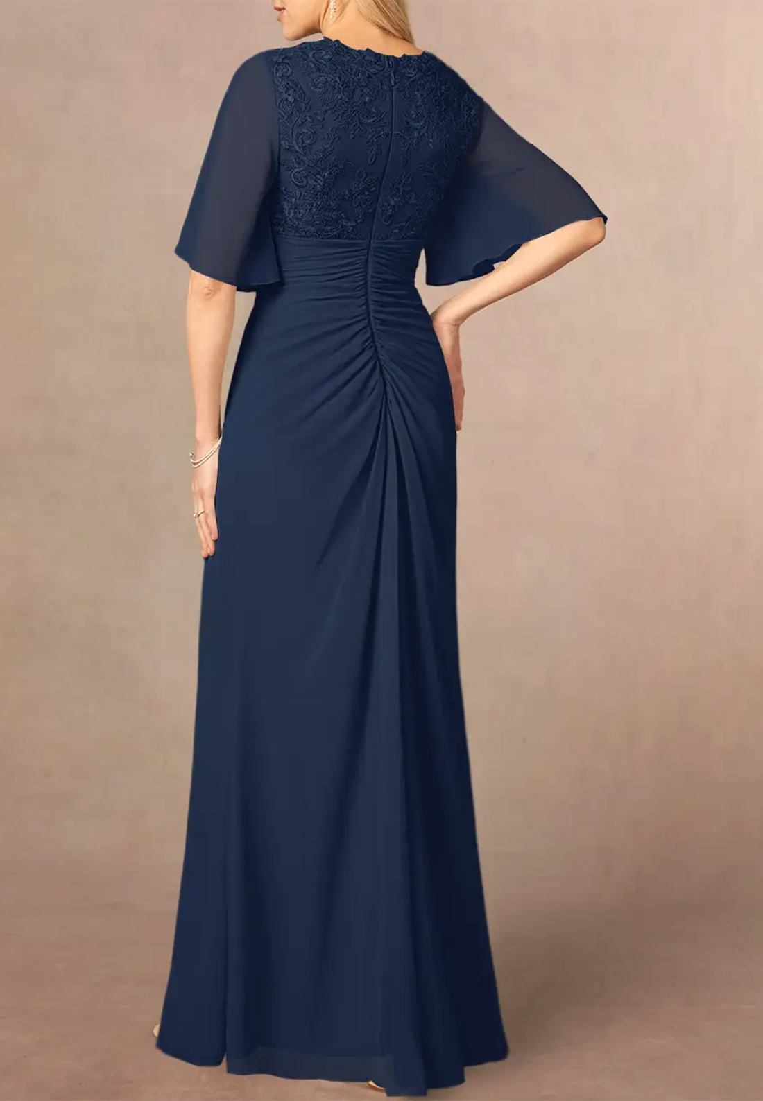 V-Neck Short Sleeves Chiffon Sheath Long Mother of Bride Dress