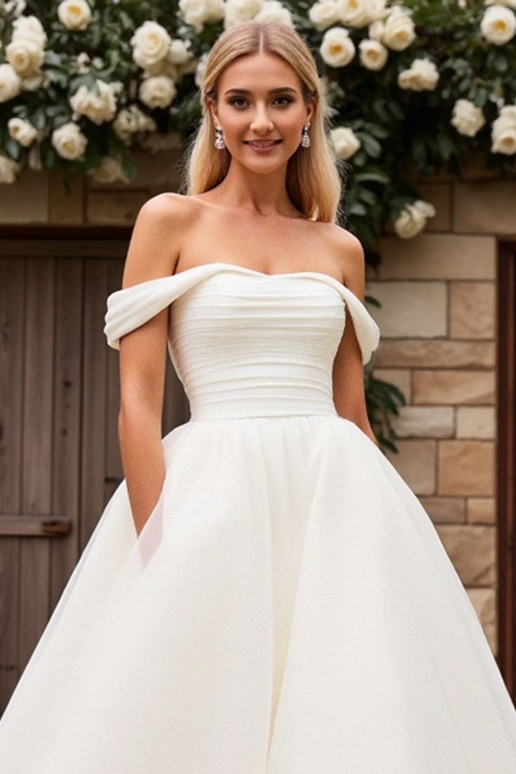 A Line Off The Shoulder Tulle Wedding Dress Pleated