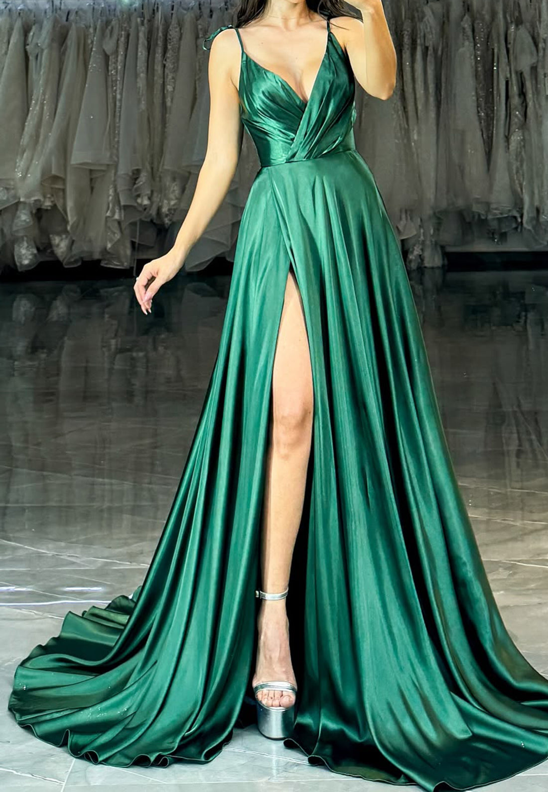 V-Neck Spaghetti Straps Pleated Sleek A-Line Simple Prom Dress