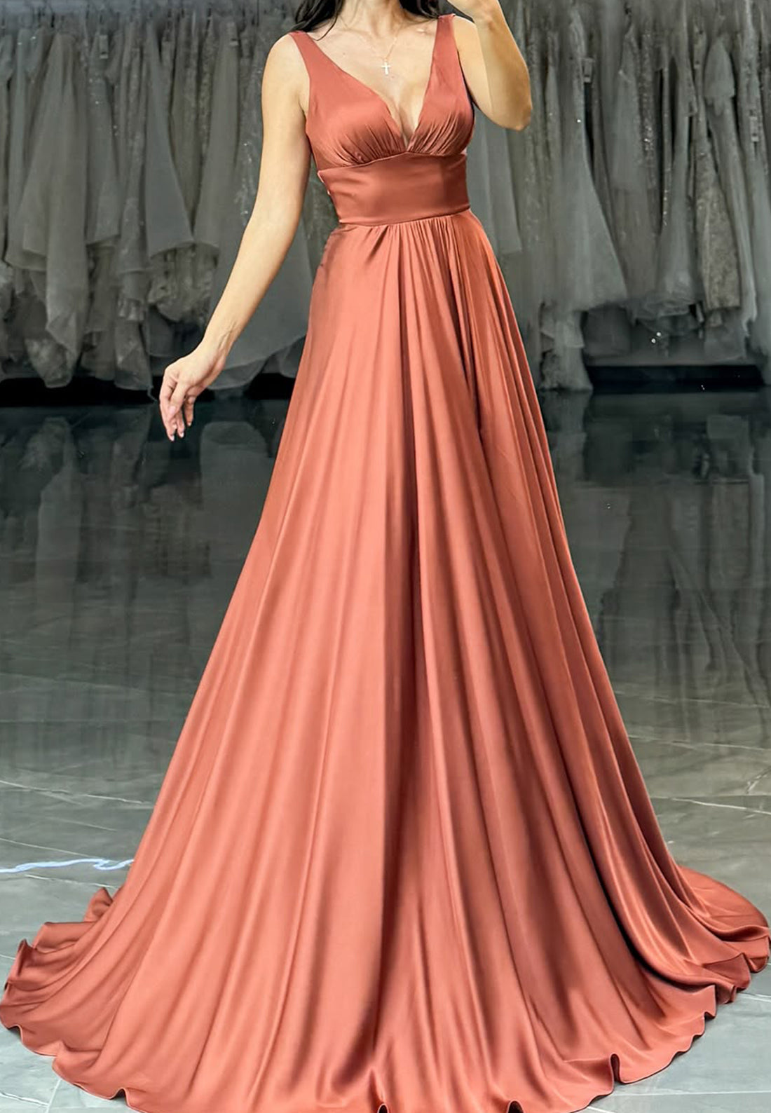 V-Neck Sleeveless Pleated High Slit A-Line Prom Dress
