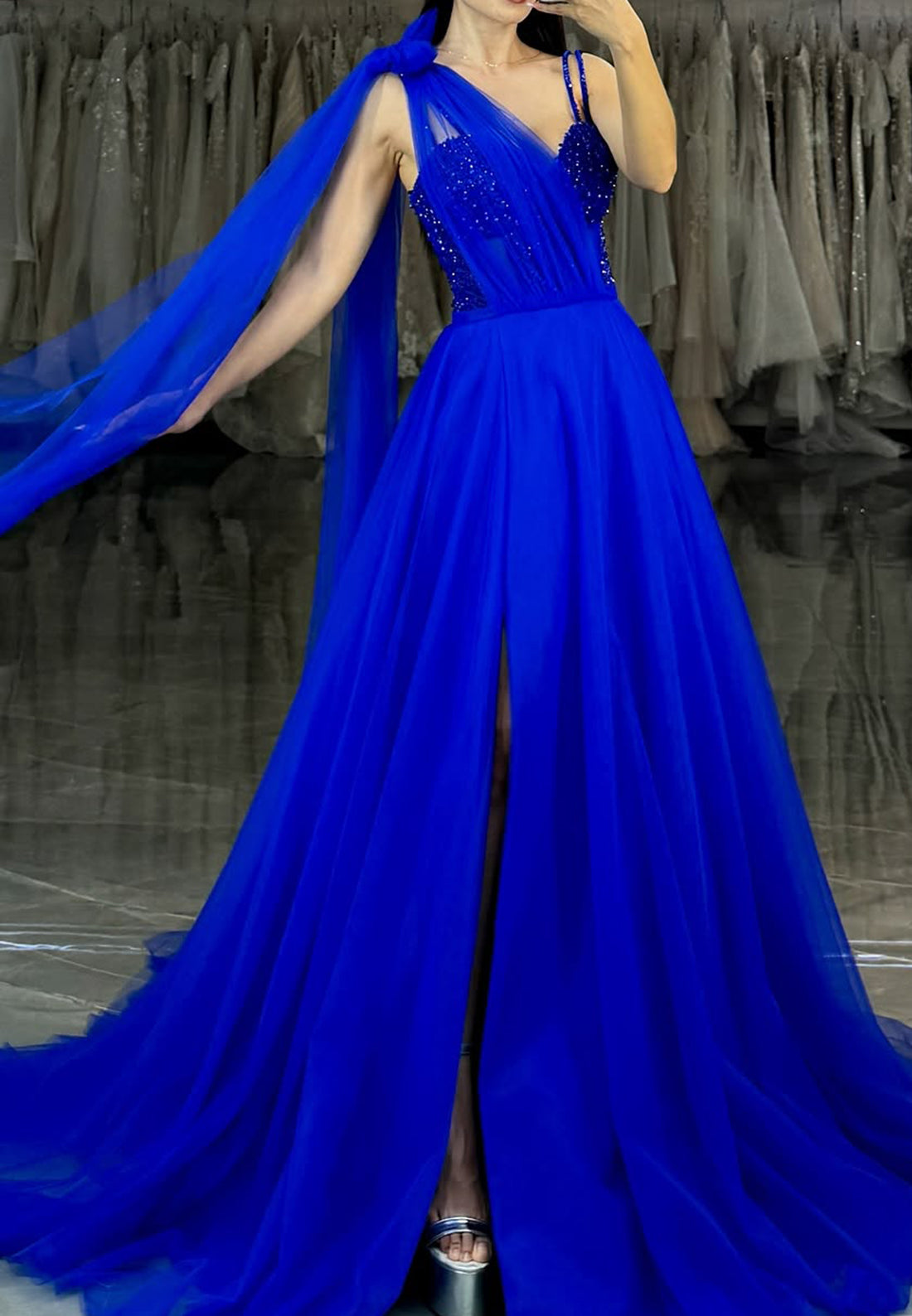 One Shoulder Sleeveless Tulle Pleated Ball Gown Prom Dress