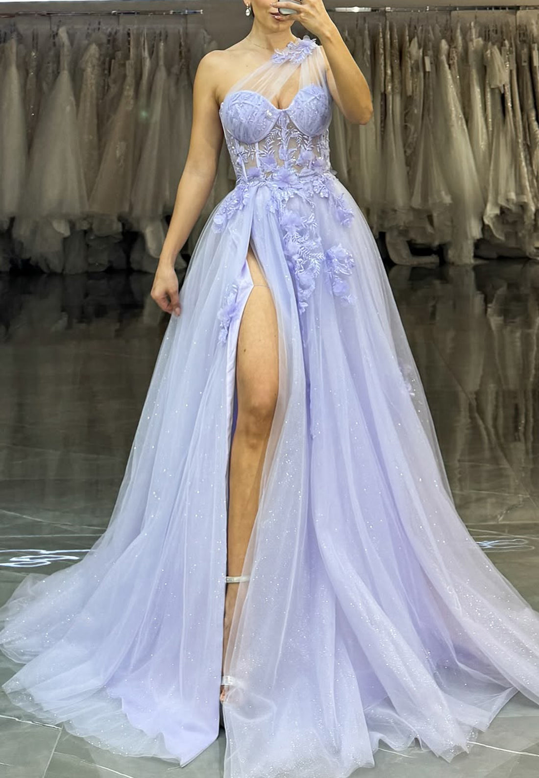 One Shoulder Sleeveless Floral Applqiues A-Line Prom Dress