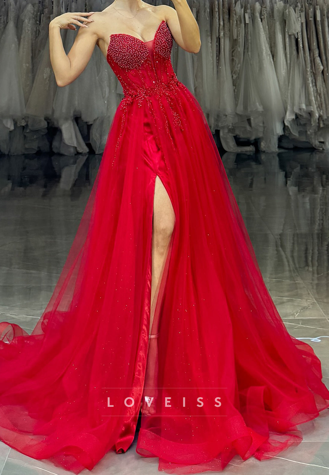 Sweetheart Sleeveless Beaded Appliques A-Line Prom Dress