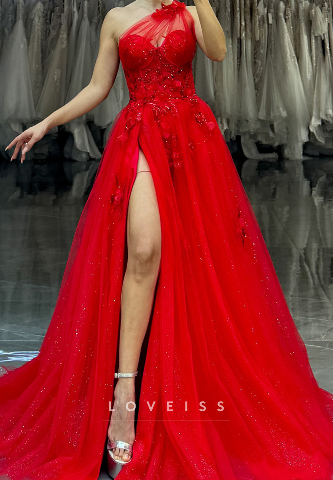 One Shoulder Sleeveless Floral Appliques A-Line Prom Dress